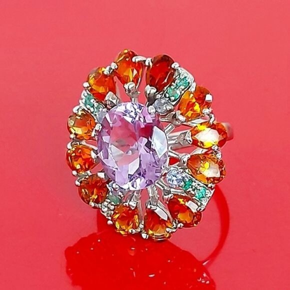 Natural Amethyst 6x4mm,‎ Citrine, Emerald 925 Sterling Silver Jewelry Ring 7.75 - Picture 4 of 12